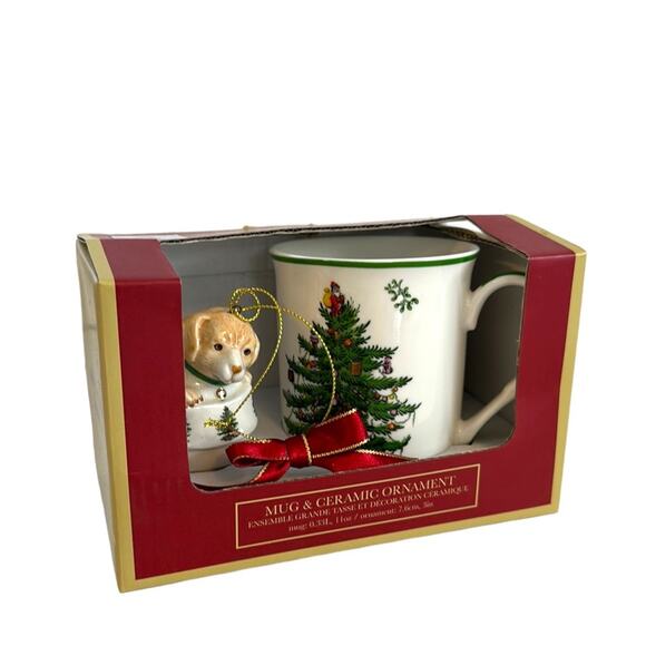 Spode Christmas Tree Mug and Puppy In Boot Ceramic Ornament Set In Box New - Picture 3 of 11
